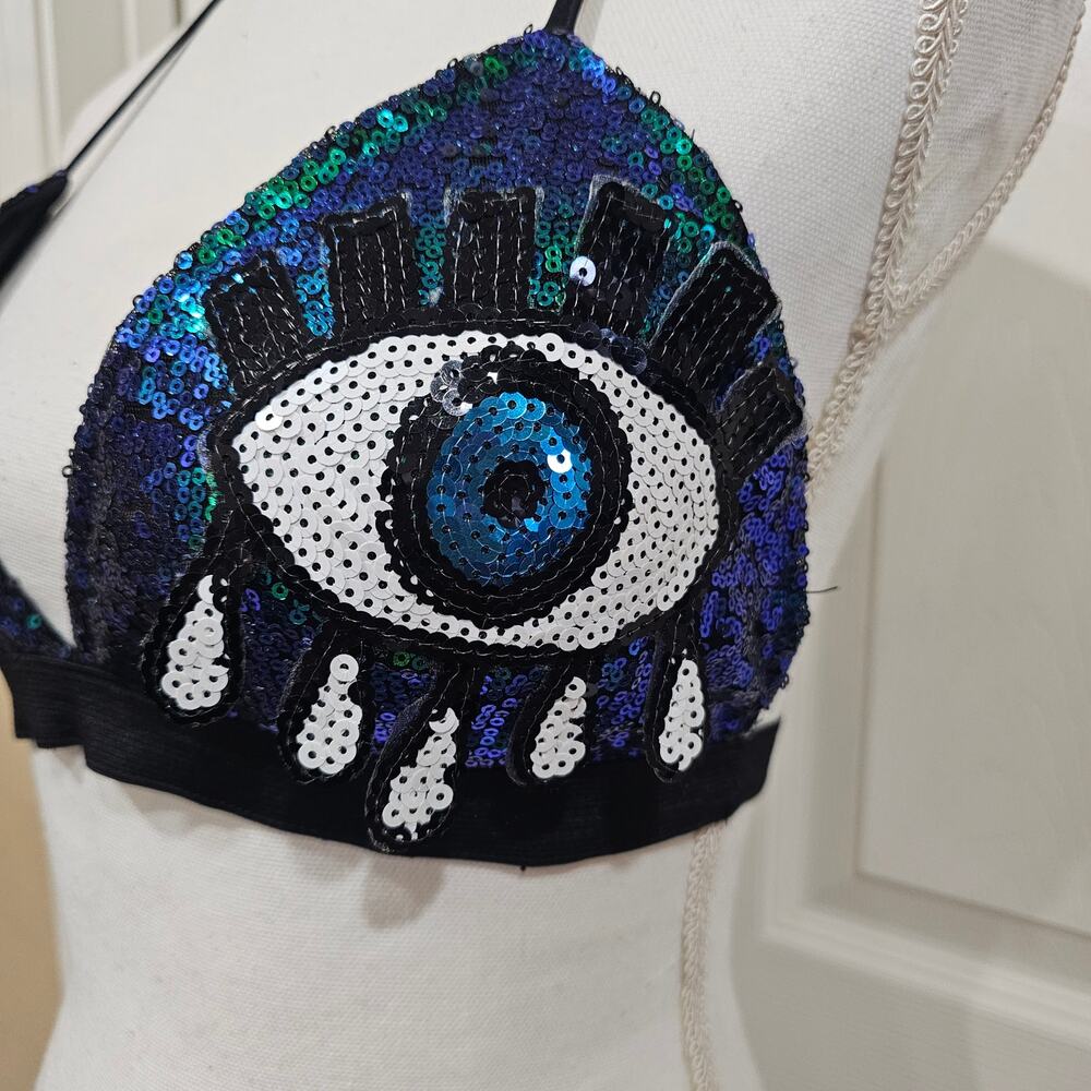 Rave Wonderland Sequin Evil Eye Festival Bralette Y2K Size M/L - Picture 2 of 6